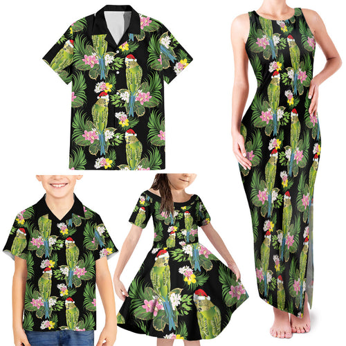 Aussie Santa Budgie Christmas Family Matching Tank Maxi Dress and Hawaiian Shirt Black Parakeet Tropical Floral