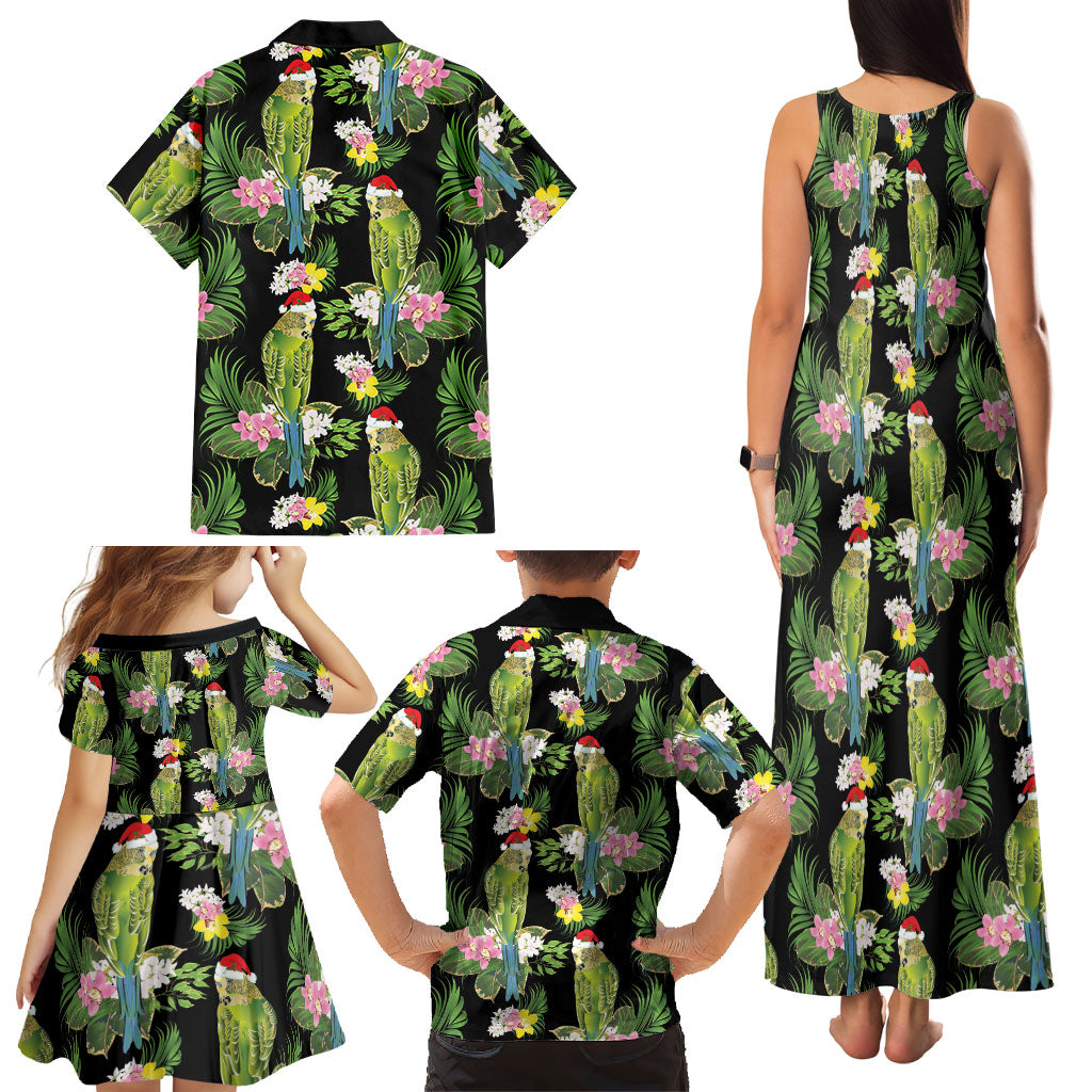Aussie Santa Budgie Christmas Family Matching Tank Maxi Dress and Hawaiian Shirt Black Parakeet Tropical Floral
