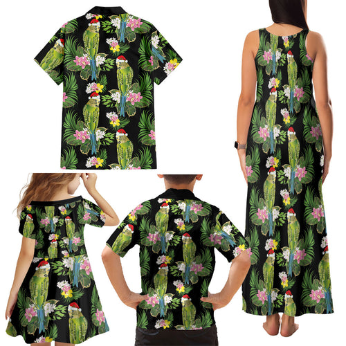 Aussie Santa Budgie Christmas Family Matching Tank Maxi Dress and Hawaiian Shirt Black Parakeet Tropical Floral