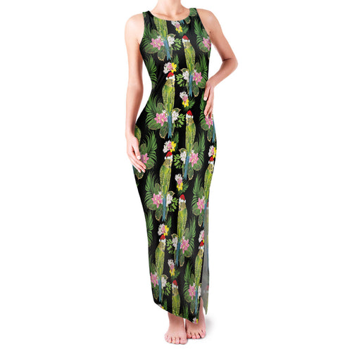 Aussie Santa Budgie Christmas Family Matching Tank Maxi Dress and Hawaiian Shirt Black Parakeet Tropical Floral
