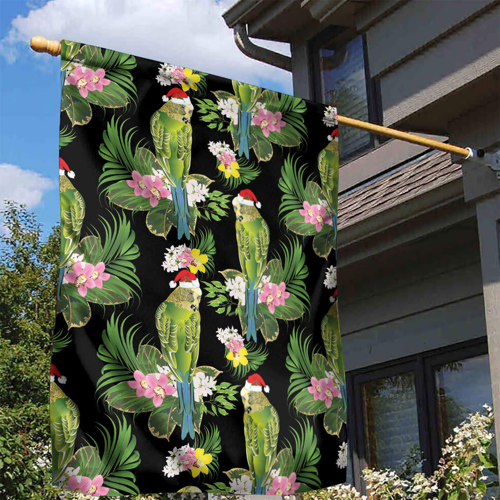Aussie Santa Budgie Christmas Garden Flag Black Parakeet Tropical Floral