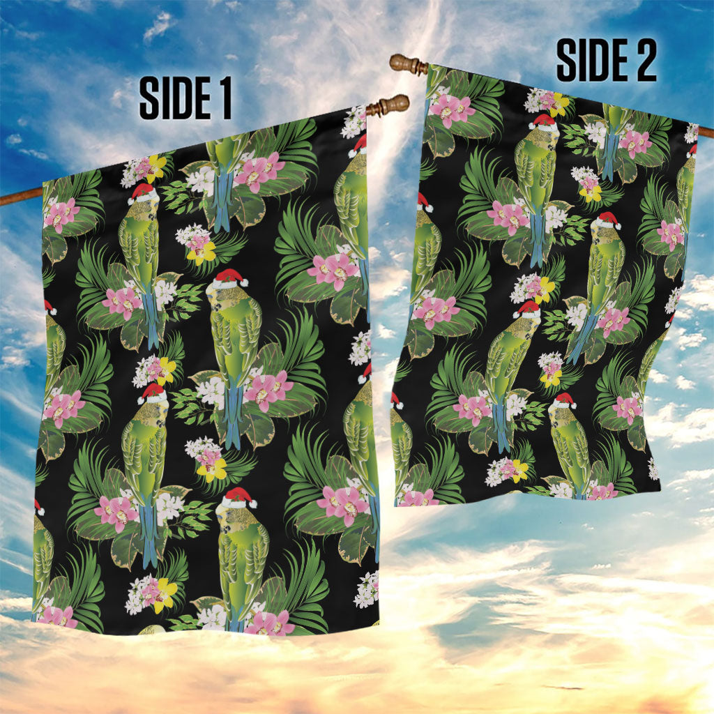 Aussie Santa Budgie Christmas Garden Flag Black Parakeet Tropical Floral