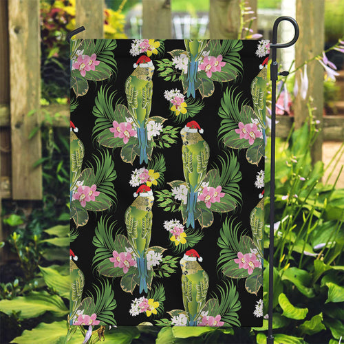 Aussie Santa Budgie Christmas Garden Flag Black Parakeet Tropical Floral