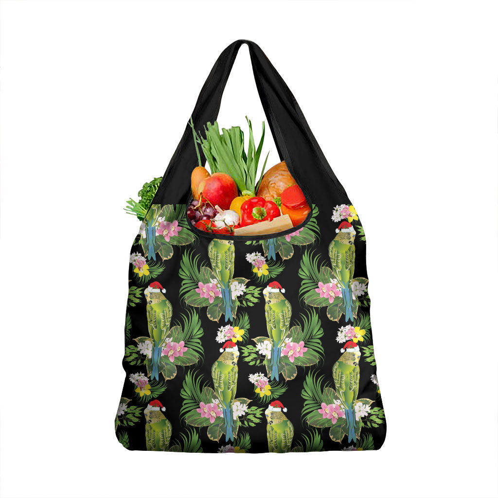 Aussie Santa Budgie Christmas Grocery Bag Black Parakeet Tropical Floral
