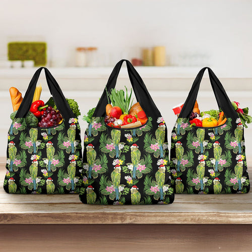 Aussie Santa Budgie Christmas Grocery Bag Black Parakeet Tropical Floral