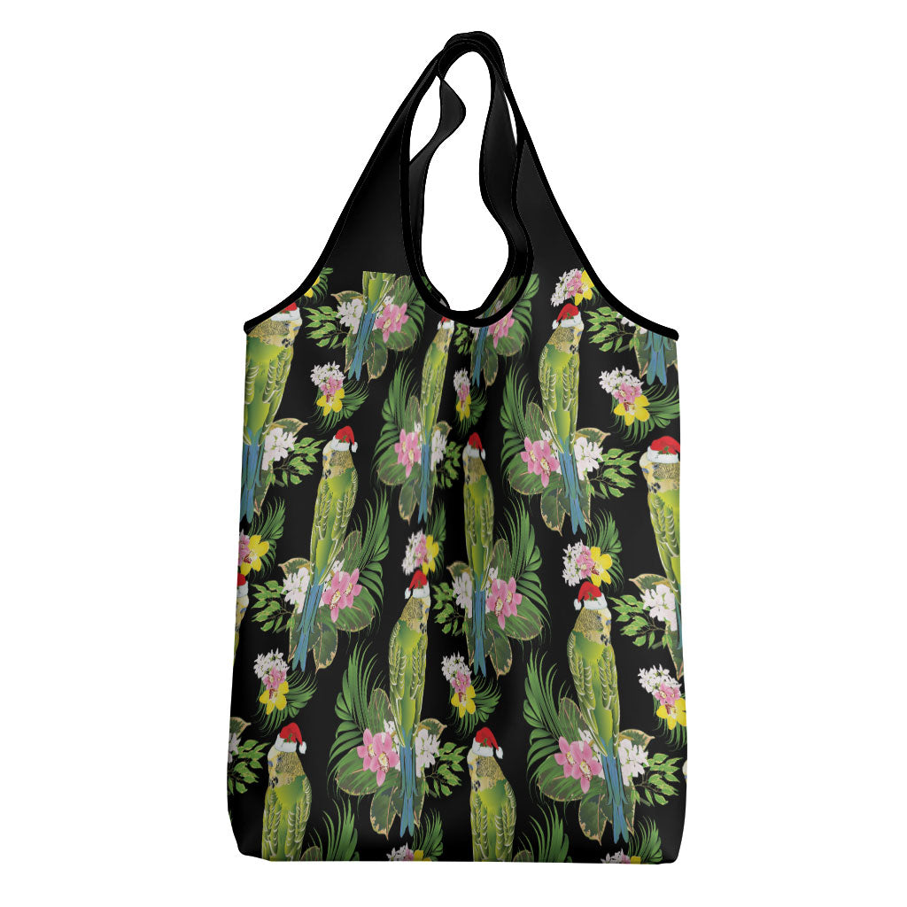 Aussie Santa Budgie Christmas Grocery Bag Black Parakeet Tropical Floral