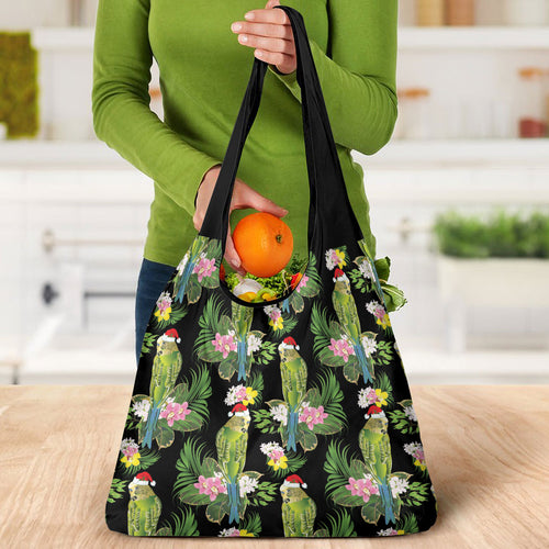 Aussie Santa Budgie Christmas Grocery Bag Black Parakeet Tropical Floral