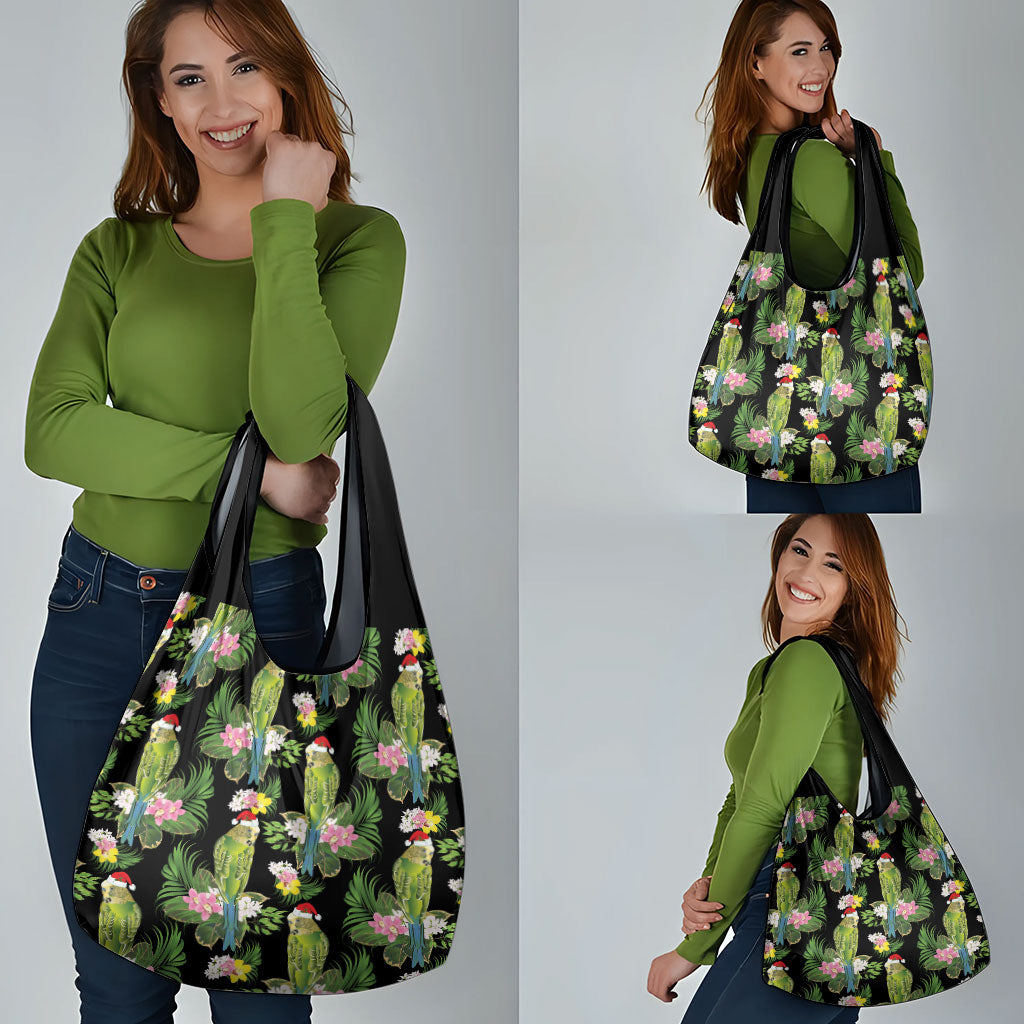 Aussie Santa Budgie Christmas Grocery Bag Black Parakeet Tropical Floral