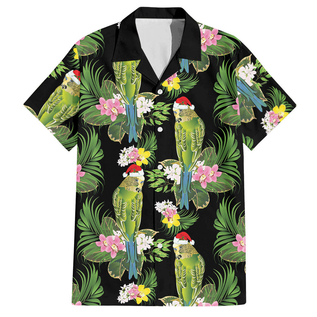 Aussie Santa Budgie Christmas Hawaiian Shirt Black Parakeet Tropical Floral