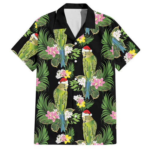 Aussie Santa Budgie Christmas Hawaiian Shirt Black Parakeet Tropical Floral