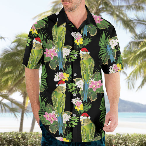 Aussie Santa Budgie Christmas Hawaiian Shirt Black Parakeet Tropical Floral