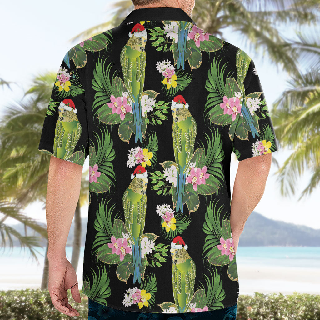 Aussie Santa Budgie Christmas Hawaiian Shirt Black Parakeet Tropical Floral