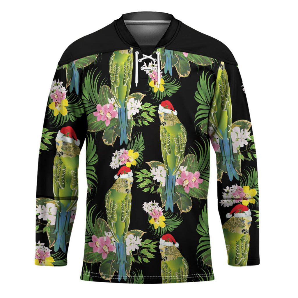 Aussie Santa Budgie Christmas Hockey Jersey Black Parakeet Tropical Floral