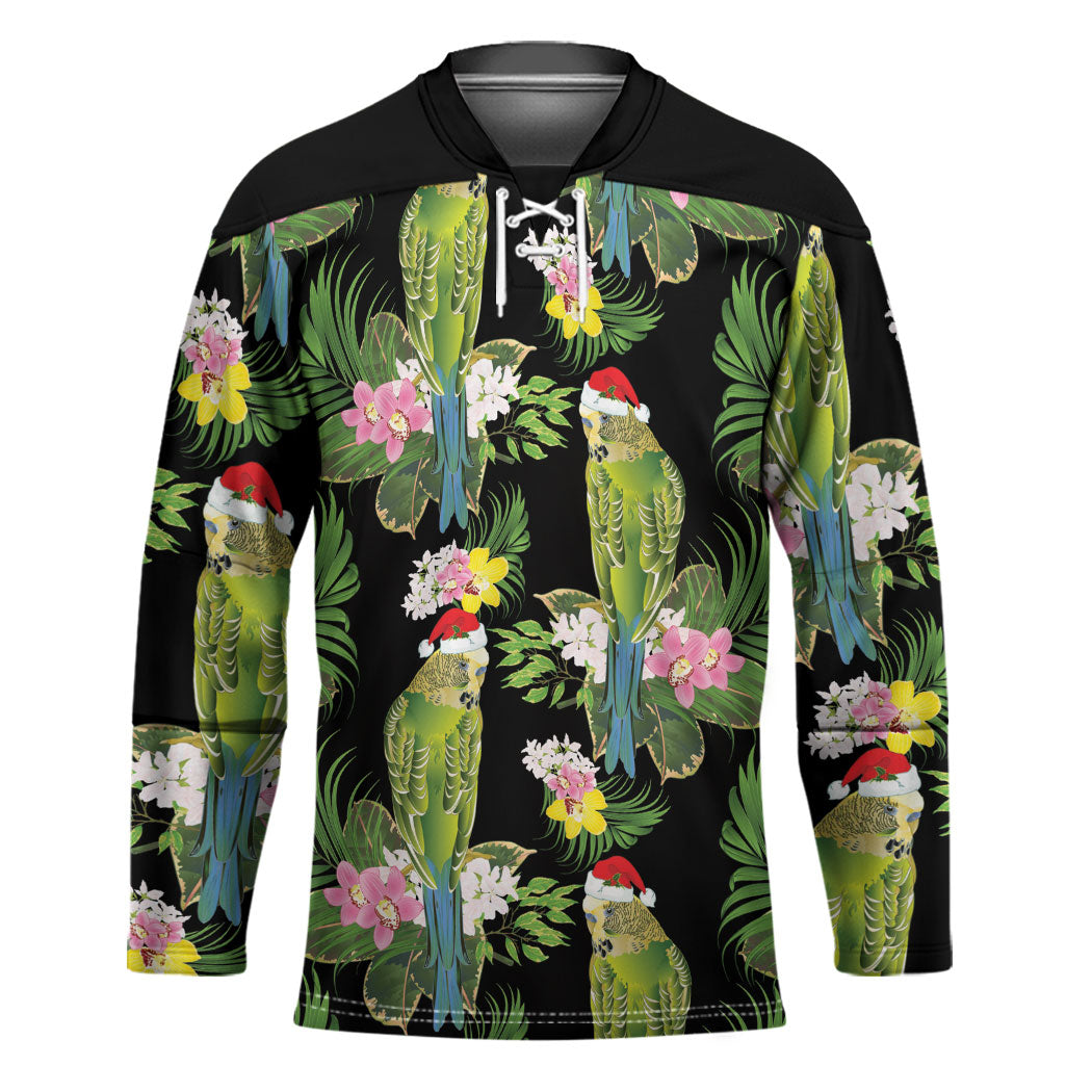 Aussie Santa Budgie Christmas Hockey Jersey Black Parakeet Tropical Floral