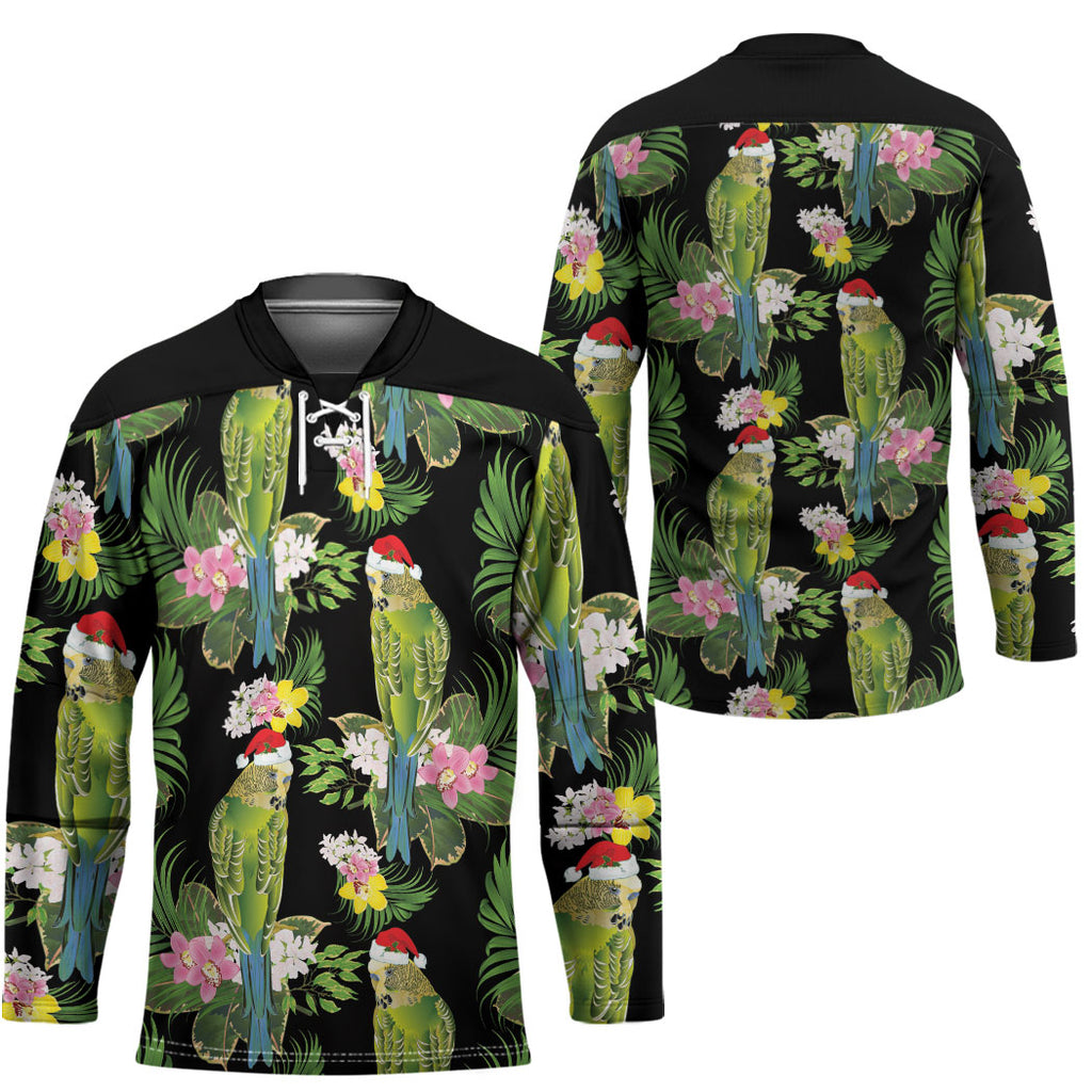 Aussie Santa Budgie Christmas Hockey Jersey Black Parakeet Tropical Floral