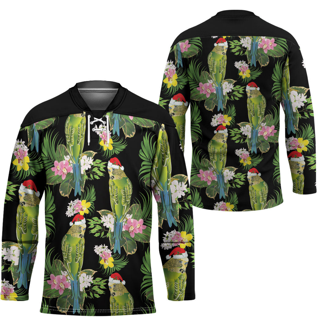 Aussie Santa Budgie Christmas Hockey Jersey Black Parakeet Tropical Floral