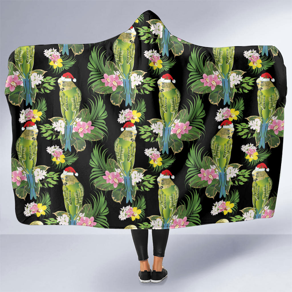 Aussie Santa Budgie Christmas Hooded Blanket Black Parakeet Tropical Floral