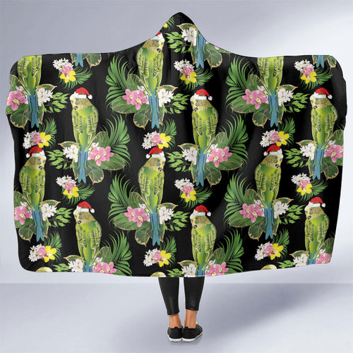 Aussie Santa Budgie Christmas Hooded Blanket Black Parakeet Tropical Floral