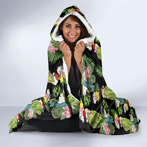 Aussie Santa Budgie Christmas Hooded Blanket Black Parakeet Tropical Floral