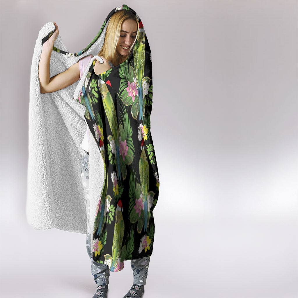 Aussie Santa Budgie Christmas Hooded Blanket Black Parakeet Tropical Floral