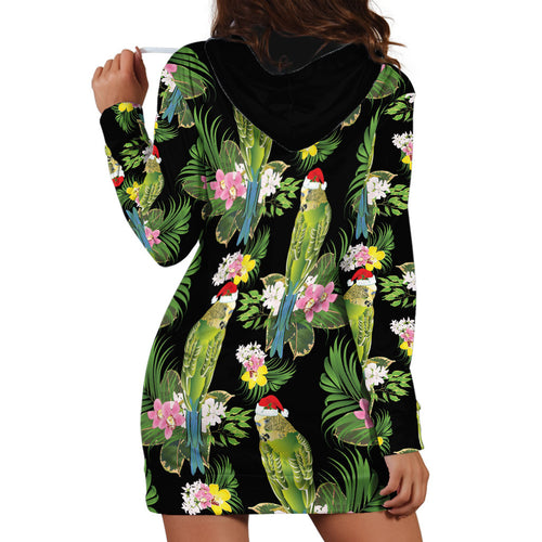 Aussie Santa Budgie Christmas Hoodie Dress Black Parakeet Tropical Floral