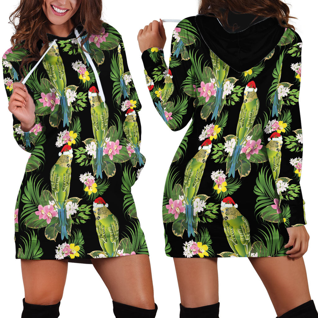 Aussie Santa Budgie Christmas Hoodie Dress Black Parakeet Tropical Floral