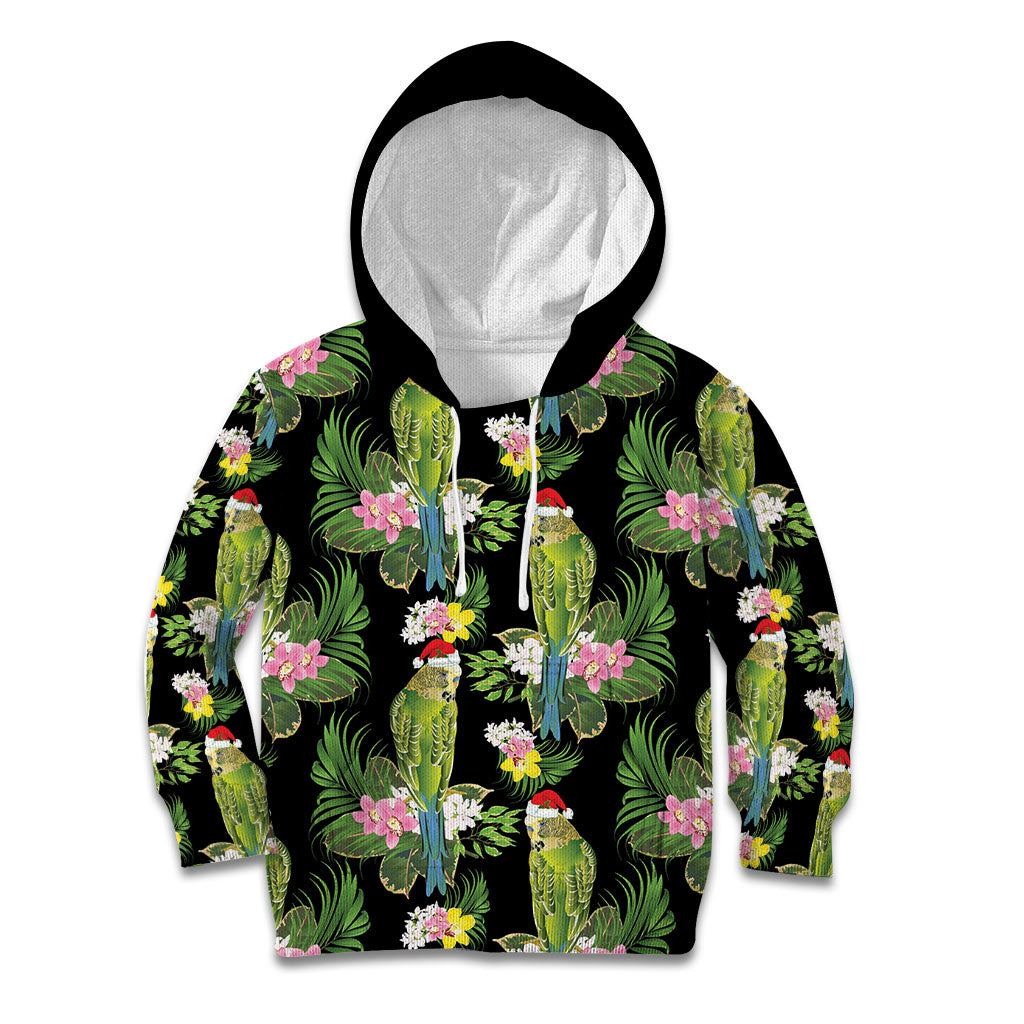Aussie Santa Budgie Christmas Kid Hoodie Black Parakeet Tropical Floral