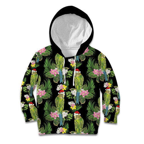 Aussie Santa Budgie Christmas Kid Hoodie Black Parakeet Tropical Floral