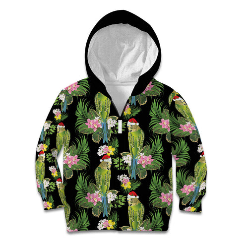 Aussie Santa Budgie Christmas Kid Hoodie Black Parakeet Tropical Floral