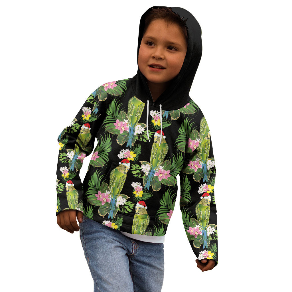 Aussie Santa Budgie Christmas Kid Hoodie Black Parakeet Tropical Floral