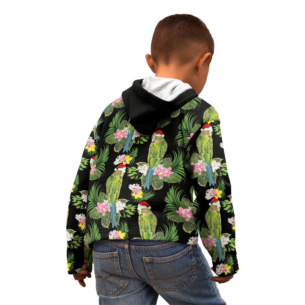 Aussie Santa Budgie Christmas Kid Hoodie Black Parakeet Tropical Floral