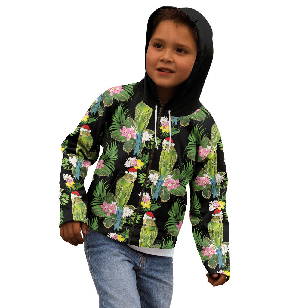 Aussie Santa Budgie Christmas Kid Hoodie Black Parakeet Tropical Floral