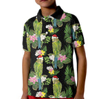 Aussie Santa Budgie Christmas Kid Polo Shirt Black Parakeet Tropical Floral