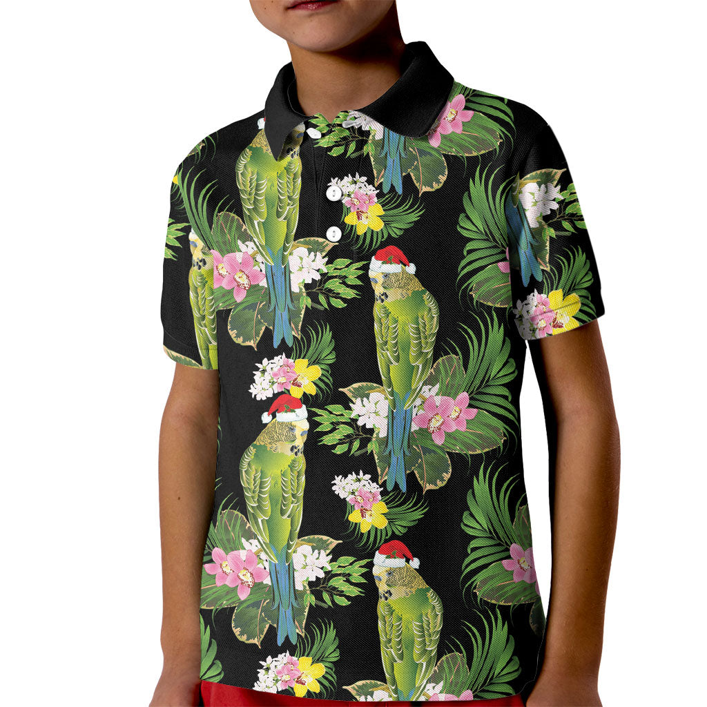 Aussie Santa Budgie Christmas Kid Polo Shirt Black Parakeet Tropical Floral