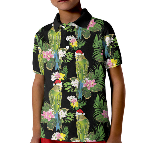 Aussie Santa Budgie Christmas Kid Polo Shirt Black Parakeet Tropical Floral