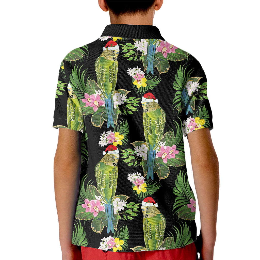 Aussie Santa Budgie Christmas Kid Polo Shirt Black Parakeet Tropical Floral