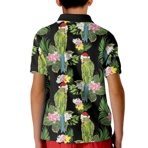 Aussie Santa Budgie Christmas Kid Polo Shirt Black Parakeet Tropical Floral