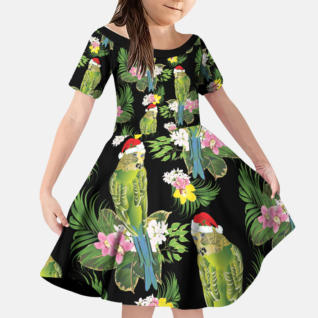 Aussie Santa Budgie Christmas Kid Short Sleeve Dress Black Parakeet Tropical Floral