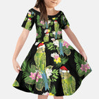 Aussie Santa Budgie Christmas Kid Short Sleeve Dress Black Parakeet Tropical Floral