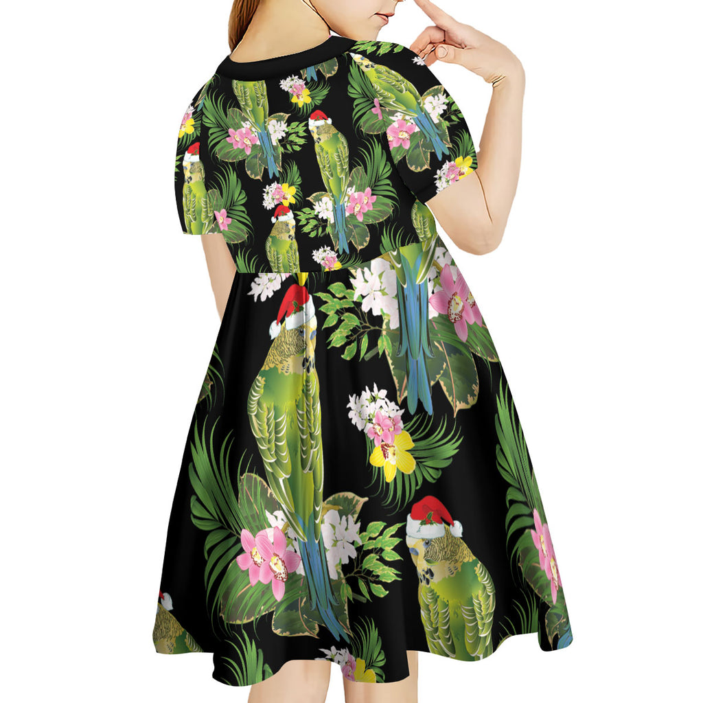Aussie Santa Budgie Christmas Kid Short Sleeve Dress Black Parakeet Tropical Floral