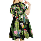 Aussie Santa Budgie Christmas Kid Short Sleeve Dress Black Parakeet Tropical Floral