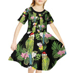 Aussie Santa Budgie Christmas Kid Short Sleeve Dress Black Parakeet Tropical Floral