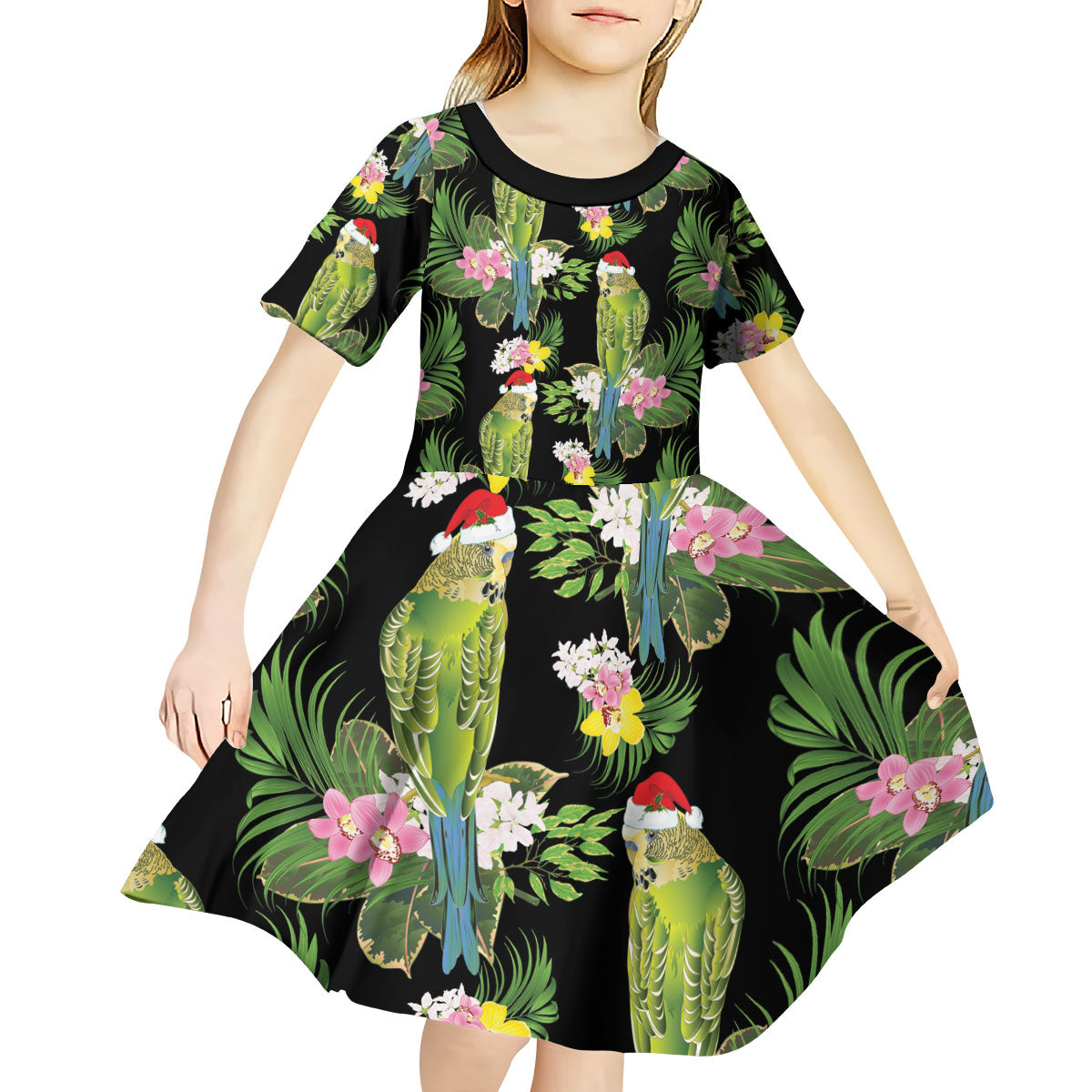 Aussie Santa Budgie Christmas Kid Short Sleeve Dress Black Parakeet Tropical Floral