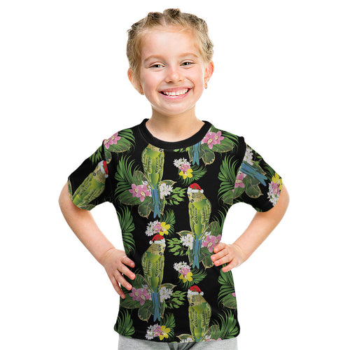 Aussie Santa Budgie Christmas Kid T Shirt Black Parakeet Tropical Floral