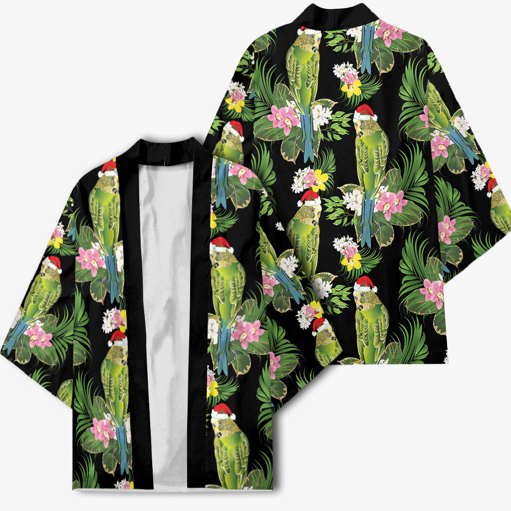 Aussie Santa Budgie Christmas Kimono Black Parakeet Tropical Floral