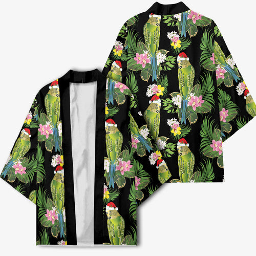 Aussie Santa Budgie Christmas Kimono Black Parakeet Tropical Floral