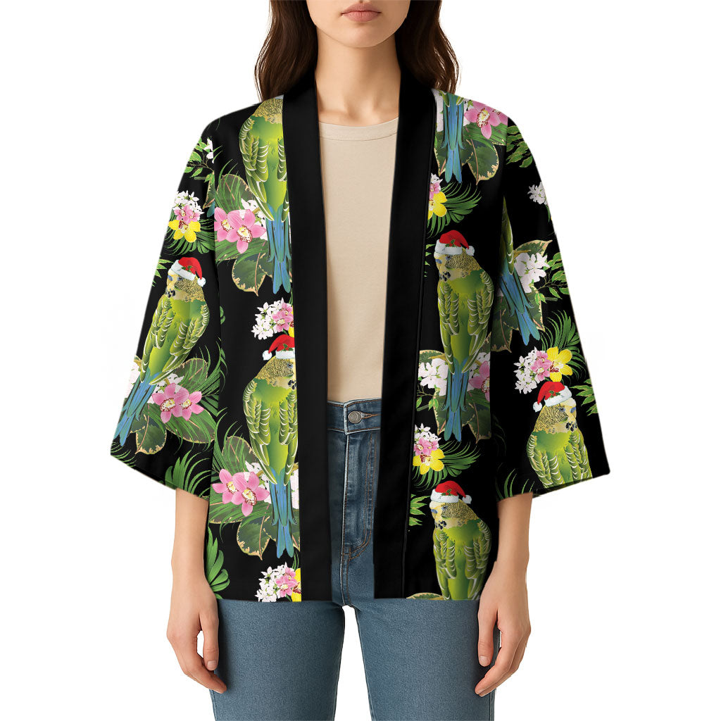 Aussie Santa Budgie Christmas Kimono Black Parakeet Tropical Floral
