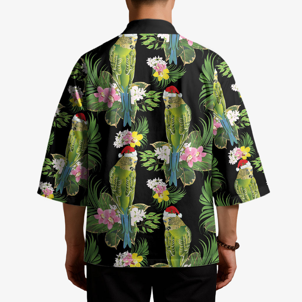 Aussie Santa Budgie Christmas Kimono Black Parakeet Tropical Floral