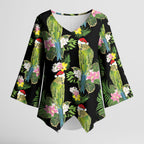 Aussie Santa Budgie Christmas Kimono Sleeve Blouse Black Parakeet Tropical Floral