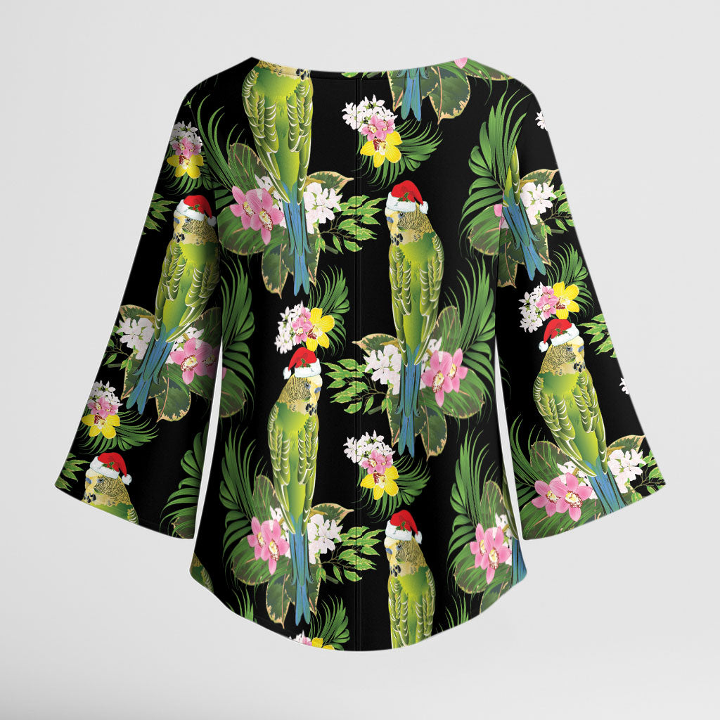 Aussie Santa Budgie Christmas Kimono Sleeve Blouse Black Parakeet Tropical Floral